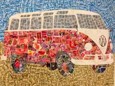 a collage of an old vw bus made out of stamps and scraps