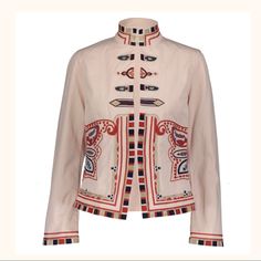 A Unique Jacket By “Made In Italy”In A Guadalupe Design Has Lots Of Embellished Embroidery. Great With Jeans Or Topper. Cotton Elastane Hook And Eye Front Closure Mandarin Collar Long Embroidered Trim Sleeves 22” Length Size Large. (Runs Small) Be Sure To Measure. Pit To Pit-19” Front Length 22”. Back Length 21” Color: Pale Pink. Some Of The Photos Look Beige But Pale Pink Is The Color. Machine Wash Cold Condition: New With Tags. No Defects. Traditional Embellished Spring Outerwear, Guadalupe Design, Look Beige, Hippie Hoodie, Flannel Coat, Plaid Wool Coat, Argyle Sweater Vest, Burberry Coat, Unique Jackets