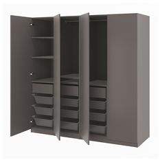 an open gray cabinet with drawers and bins