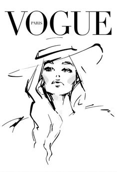 a black and white drawing of a woman wearing a hat with the word voge on it