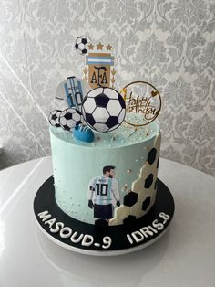 a soccer themed birthday cake on a table