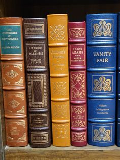 a row of books sitting on top of a wooden shelf