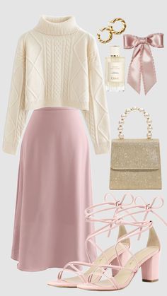 #pinkaesthetic #lightpink #coquette #outfit #modestfashion #sweater #skirt #churchoutfit #winterfashion #classy #modestoutfit #winter Feminine Teacher Outfits, Pink Teacher Outfit, Cozy Skirt, Teacher Outfits High School, Clothes Board, Fest Outfits, Elegant Outfits