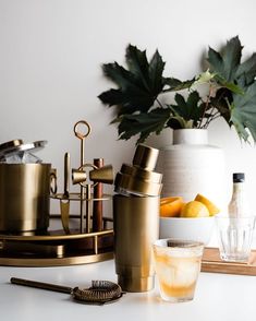 a table topped with glasses and drinks next to a potted plant