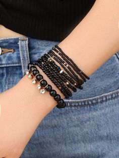 9pcs Black Glass Bead & Rhinestone Decor Rice Bead Bracelet Set Black Fashionable   Glass     Women Fashion Jewelry, size features are:Bust: ,Length: ,Sleeve Length: Gemstone Beaded Bracelets Lovepray Jewelry, Black Bracelet Women, Mini Beads Bracelet, Rice Bead Bracelet, Stackable Beaded Bracelets, Silver Necklace Simple, Embellished Fashion, Bracelet Sets, Black Beaded Bracelets