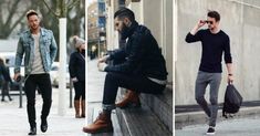 two men are sitting on the bench and one is holding a handbag while another man walks down the street