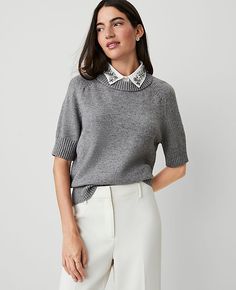 A rhinestone-embellished shirt collar transforms this timeless sweater into a wardrobe gem. Point collar. Crew neck sweater. Short sleeves. Saddle shoulders. Ribbed neckline, cuffs and hem.,Imported:Imported,Fit:Softly fitted,Length:21 1/2" long,Fabrication:54% Acrylic, 30% Polyester, 16% Nylon,Garment Care:Machine Washable Rhinestone Mixed Media Sweater Tee by Ann Taylor Size regular - XS Medium Heather Grey Women's Crew, Neck, Short, Sleeve, Tees, Sweaters, 54%, Acrylic, 30%, Polyester, 16%, Nylon, Machine, Washable Saddle Shoulder Sleeve, Chic Tops With Embellished Collar For Work, Elegant Fall Tops With Embellished Collar, Classic Workwear Tops With Embellished Collar, Classic Embellished Collar Tops For Workwear, Classic Tops With Embellished Collar For Workwear, Collared Tops With Embellished Collar For Work, Workwear Top With Embellished Collar, Elegant Knit Top With Ribbed Collar For Work