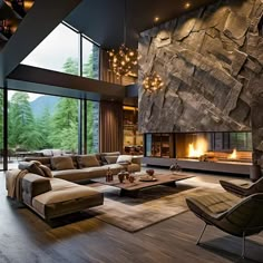 a living room filled with lots of furniture and a fire place in the middle of it