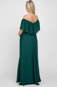 A stylish maternity dress perfect for cocktail parties and special occasions.  A solid off shoulder maternity gown. Dress is double lined. The Forest Green Chiffon Off Shoulder Maternity Gown is perfectly bump-friendly! Stylish Maternity Dress, Maternity Gown, Maternity Gowns, Stylish Maternity, Cocktail Parties, Pink Blush Maternity, Gown Dress, Maternity Dress, Maternity Dresses