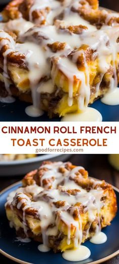 cinnamon roll french toast casserole on a blue plate