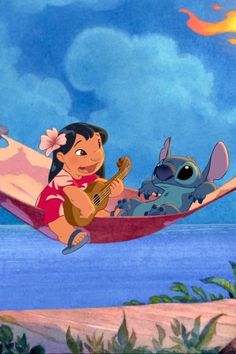 the hula girl and baby stitch in a hammock