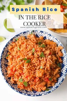 spanish rice in a blue and white bowl with cilantro on the side