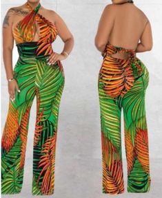 COLOR: MULTICOLORED GREEN SIZE: [S-M-L] DESCRIPTION: Tropical Print Halter Neck Jumpsuit