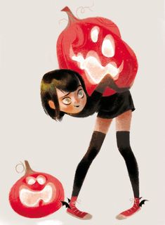 a drawing of a woman holding a giant pumpkin