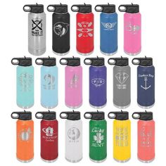 many different colored water bottles are shown