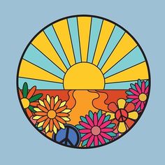 the sun is shining over flowers and peace signs in this colorful circle with blue background