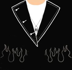 a drawing of a man in a suit and tie with flames coming out of his chest