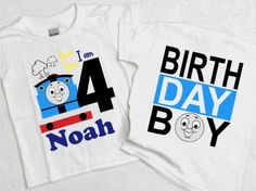 Surprise your Train Loving birthday boy with our Thomas birthday shirt as an early birthday gift and then capture his huge smile when he sees his cute Birthday boy train theme shirt! Perfect for baby boy 4th, 2nd or 1st birthday party or as a school shirt. Our thomas and friends themed birthday shirts are very vibrant. and comfortable to wear. With amazing customer service and reviews our shop is becoming a favorite of many customers. All of our items are made using only commercial grade and hig Blue Shirt With Character Print For Birthday, Blue Pre-shrunk Shirt For Birthday, Cute Blue Birthday Shirt, Cute Blue Shirt For Birthday, Boy 4th Birthday, Toddler Birthday Party Themes, Thomas Birthday, Train Theme, Toddler Birthday Party