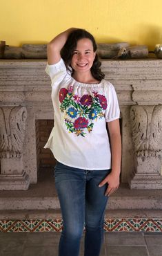 Embroidered blouses are a tradition for women of all cultures of México, with bright colors and handmade, our blouses are a must have garment. This blouse is one size and fits S/M The embroidery is unique in each blouse so it may vary Mexican textile art has centuries of history and creativity throughout the country. Mexico is recognized as one of the leading countries with a beautiful aristic production in the textile world, miraculous hands of talented artisans from different states of the cou Festival Multicolor Embroidery Tops, Multicolor Embroidery Blouse For Summer Fiesta, Cotton Blouse With Multicolor Floral Embroidery, Multicolor Embroidered Blouse For Summer Fiesta, Summer Blouse With Resham Embroidery, Bohemian Tops With Multicolor Resham Embroidery, Traditional Floral Embroidered Top For Spring, Floral Embroidered Cotton Blouse For Festivals, Traditional Blouse With Geometric Embroidery