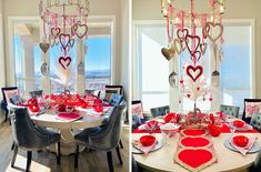 two pictures of a dining room table decorated for valentine's day with hearts hanging from the chandelier