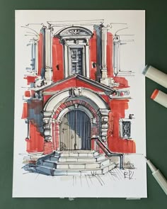 Ink and Markers Architectural Drawing Buildings Drawings, Art Sketches Markers, Ink And Marker Art, Guache Architecture, Colored Markers Art, Drawing With Sketch Markers, Sketches Markers, Drawings Of Buildings, Draw Buildings