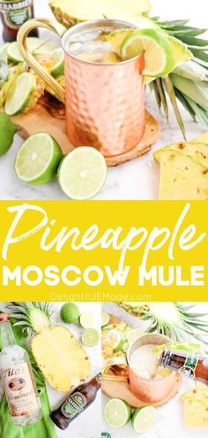 pineapple moscow mule recipe with limes, pineapple and ginger syrup in the background