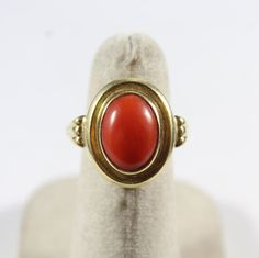 -Vintage 14k Gold Cabochon Natural Deep Red Orange Coral Ring -Ring size: 5.75 US -Coral size: 11.4 mm x 8.65 mm -Total weight: 4.3 g -Marked 585 Classic Red Oval Cabochon Signet Ring, Vintage Red Signet Ring With Oval Cabochon, Red Oval Cabochon Signet Ring For Formal Occasions, Vintage Red Oval Cabochon Signet Ring, 14k Gold Red Cabochon Ring, 14k Gold Cabochon Red Ring, 14k Gold Rings With Red Cabochon, Red Oval Cabochon Ring For Formal Occasions, Formal Red Oval Cabochon Ring