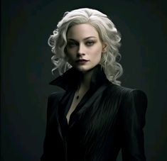 a woman with white hair wearing a black suit and posing in front of a dark background