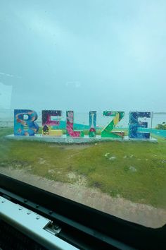 the word belize is painted on top of grass in front of a train window