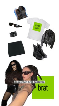 a woman wearing black clothes and accessories with her hand out to the side, in front of a green sign that says halloween brat costume brats