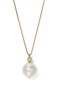 A sparkling cubic zirconia bezel rests atop a luminous faux pearl on this elegant, hand-polished pendant necklace. 32" length 18k-gold plate or rhodium-plate/faux pearl/cubic zirconia Imported Formal Pearl Necklaces With Sparkling Stones, Elegant Pearl Necklace With Sparkling Stones, Pearl Pendant Necklace, Pearl Pendant, Rhodium Plated, Faux Pearl, Cubic Zirconia, 18k Gold, Gold Plate