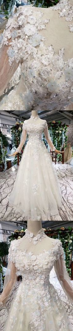 2019 vestidos de baile de tul cuello alto mangas largas lentejuelas de flores hechas a mano Fitted Long Sleeve Gown With Floral Applique, Long Sleeve Wedding Dress With Floral Applique, Long Sleeve Floral Applique Wedding Dress, Floral Applique Long Sleeve Wedding Dress, 2021 Prom Dresses, Bridesmaid Dress Sizes, High Neck Long Sleeve, Tulle Prom Dress, Junior Bridesmaid Dresses