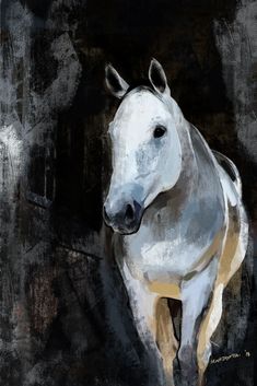 a painting of a white horse standing in the dark