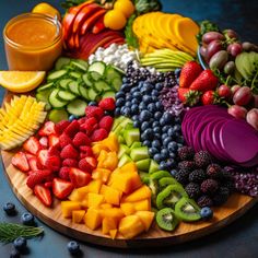 a wooden plate topped with fruits and vegetables