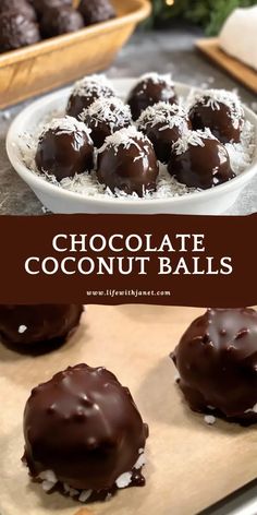 chocolate coconut balls on a baking sheet with text overlay