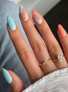 light blue and peach nails Cruise Nails, Peach Nails, Cute Simple Nails, Purple Nail, Vacation Nails