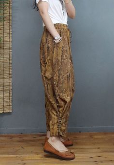 Bohemian Harem Pants Ankle-length For Fall, Bohemian Ankle-length Harem Pants For Fall, Bohemian Brown Ankle-length Harem Pants, Brown Bohemian Ankle-length Harem Pants, Bohemian Brown Ankle-length Pants, Bohemian Harem Pants With Tapered Leg, Printed Wide Leg Pants, Tapered Pants, Make You Feel