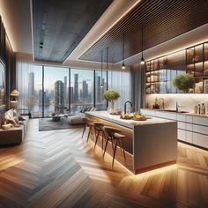 a modern kitchen and living room are shown in this rendering, with large windows overlooking the city