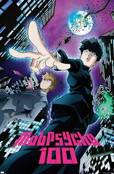 an anime movie poster with two men pointing at the sky and buildings in the background