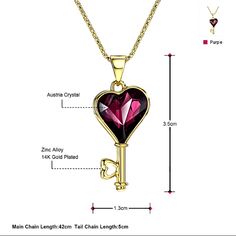 Luxurious Swarovski Purple Crystal Key Heart Gold Necklace - Ella Moore Heart Gold Necklace, Key Heart, Gold Heart Necklace, Purple Crystal, Purple Crystals, Elegant Gift, Gold Plating, Zinc Alloy, Diamond Necklace