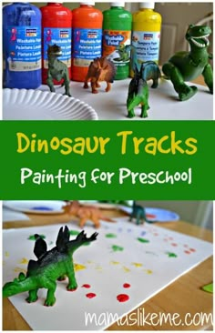 dinosaur tracks painting for preschool and homeschool with dinosaurs on the table in front of them