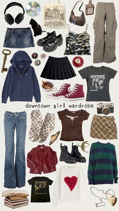 downtown girl core fashion wardrobe aesthetic autumn winter coquette sweater jumper bootcut jeans maroon burgundy converse all stars zip up heart locket graphic baby tee henley mini skirt headphones purse tote bag cargo pants pleated plaid denim skirt leather jacket doctor martens docs tank top Downtown Girl Gift Ideas, Where To Shop For Downtown Girl Clothes, Downtown Outfits Winter, Downtown Girl Wardrobe, Downtown Girl Accessories, Downtown Girl Winter Outfits, Denim Skirt Leather Jacket, Plaid Skirt Outfit Winter