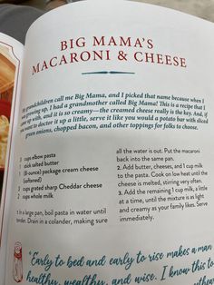 an open book with instructions on how to make macaroni and cheese in it