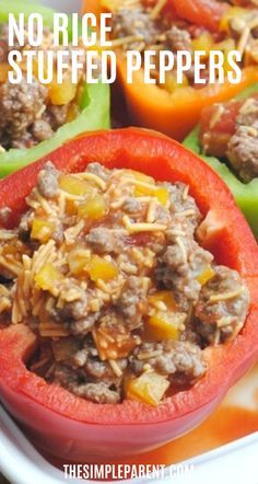 stuffed peppers with meat and vegetables in them on a white plate, text overlay reads norice stuffed peppers