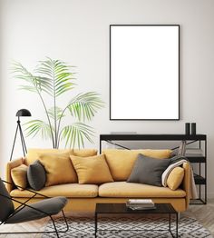 modern living room with yellow sofa and chair