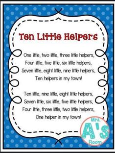 the ten little helpers poem is shown in blue and white with polka dots on it