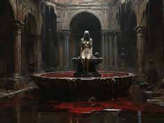 a woman sitting on top of a fountain surrounded by red liquid in an old building