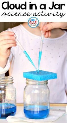 Cloud in a jar science experiment with a sponge Rain Cloud In A Jar, Weather Science Activities, Cloud In A Jar, Weather Science