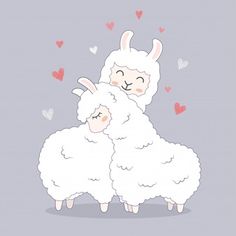 two white llamas with hearts in the sky and one is hugging its head