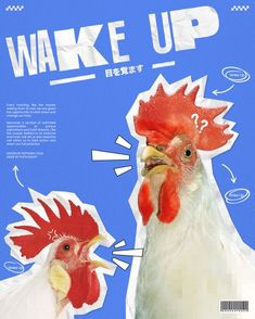 two chickens standing next to each other in front of a blue background with the words wake up written on it